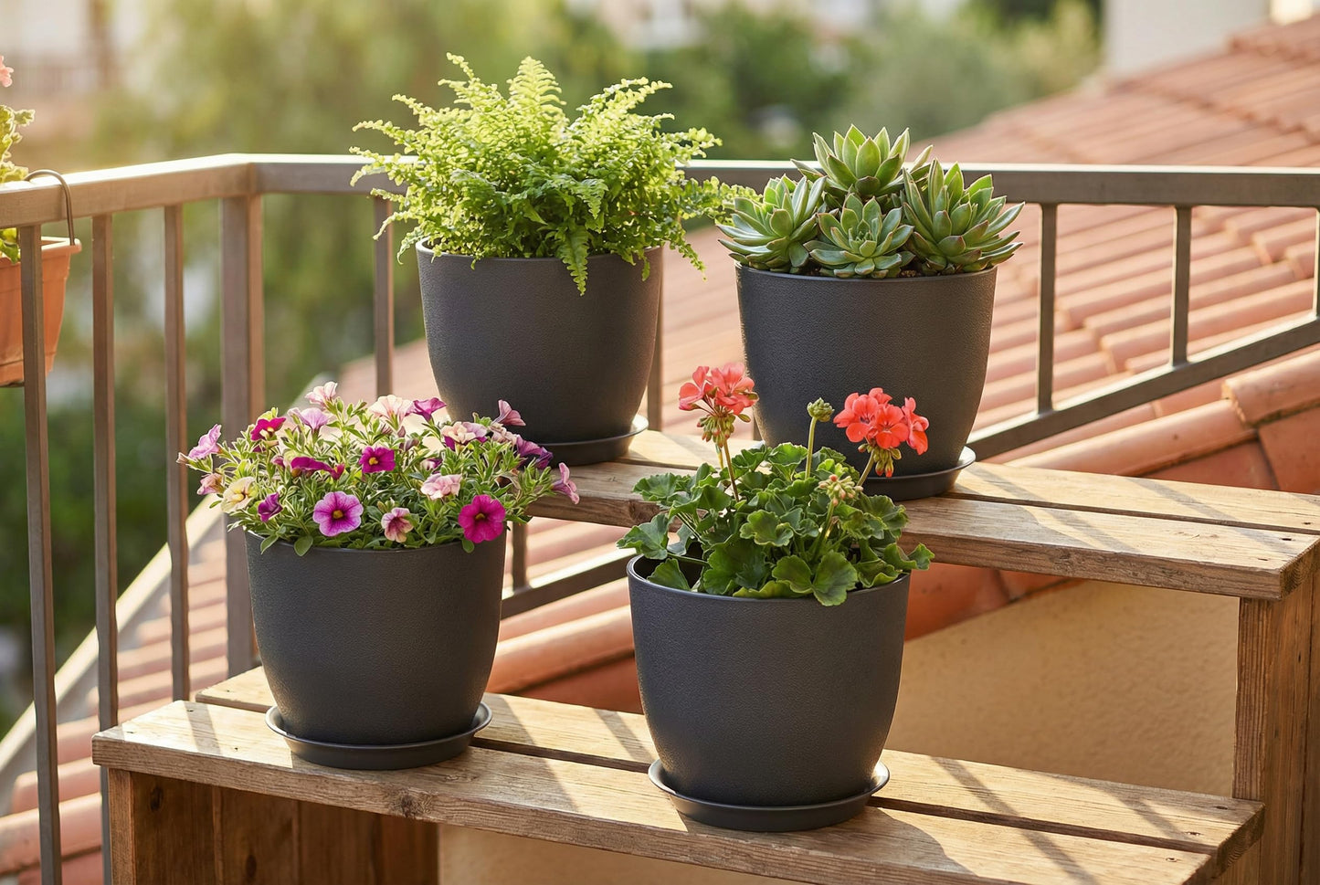 XQSHPDM 8 Inch Plant Pots Set of 4, Plastic Planters with Drainage Holes and Tray, Flower Pots for Indoor Outdoor Plants and Flowers (Black)