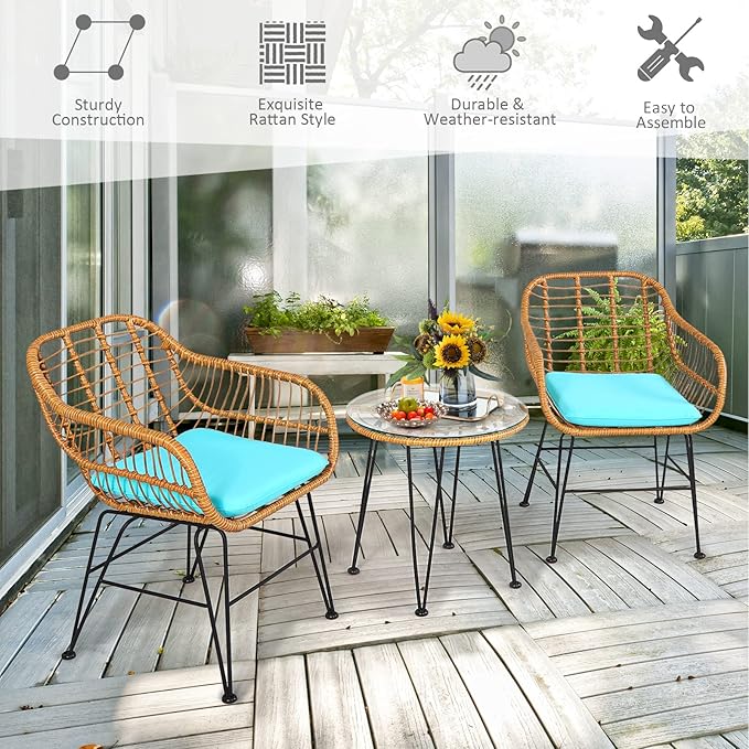 Tangkula 3 Pieces Patio Bistro Set, Rattan Conversation Set