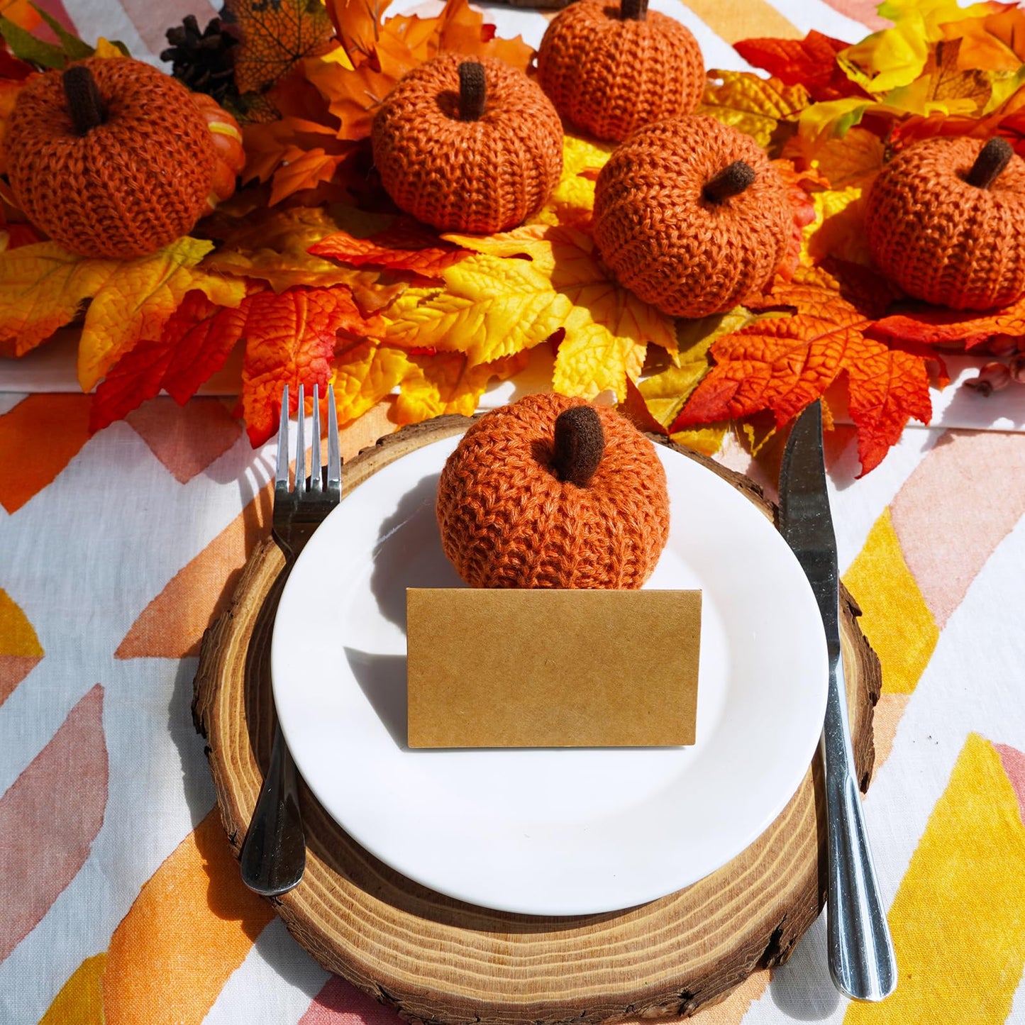 Winlyn Set of 6 Faux Fall Orange Crochet Pumpkins - Small Knit Foam Pumpkins for Rustic Farmhouse Decor, Harvest, Thanksgiving, Halloween, Autumn Table, Bowl, Tiered Tray, Mantel
