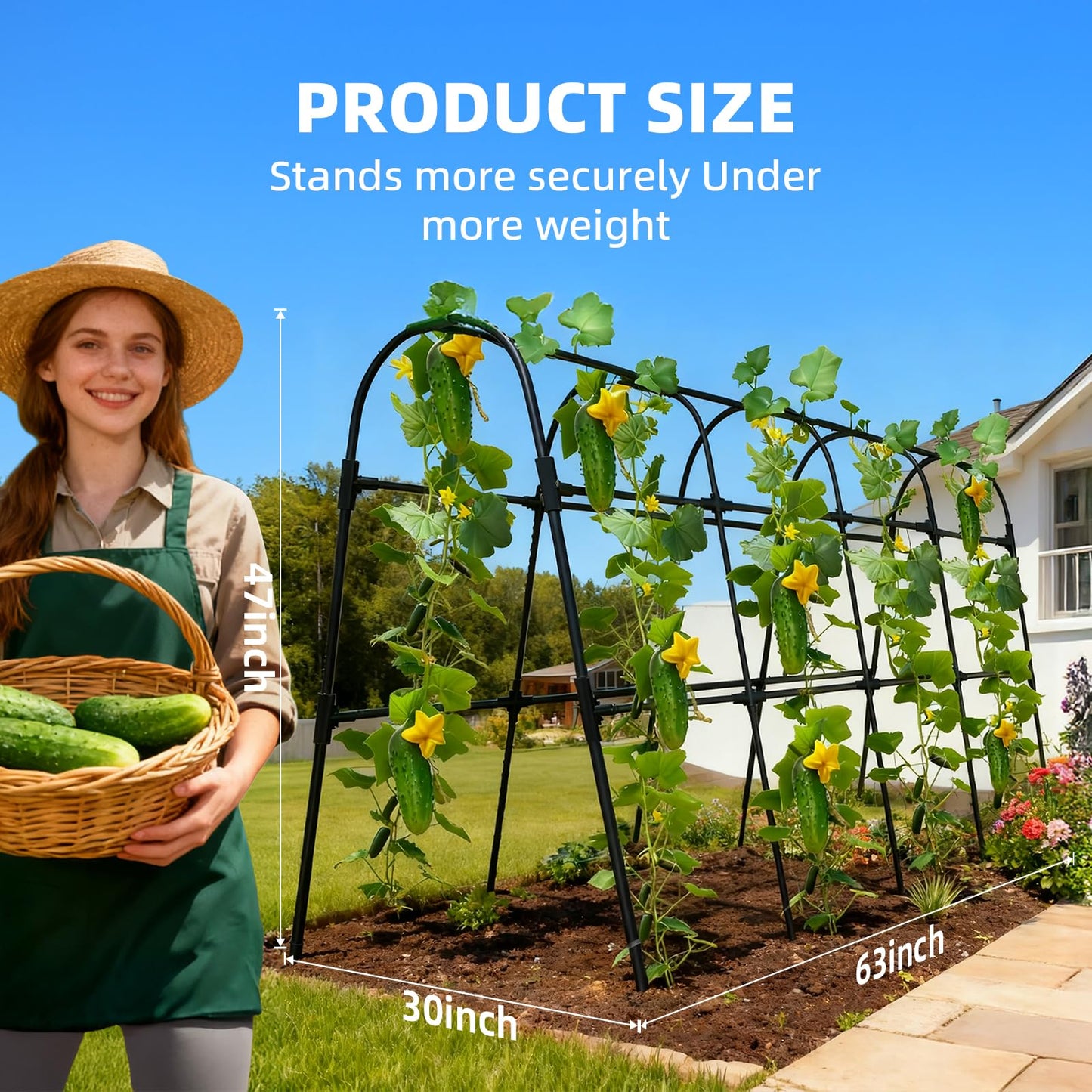 Laodier Cucumber Trellis for Raised Bed, U-Shape Garden Arch Metal Support for Climbing Plants, Metal Arch Plant Support Vegetables Trellis, Plant Support for Vine Outdoor(Black, 63*30*47inch(L*W*H))