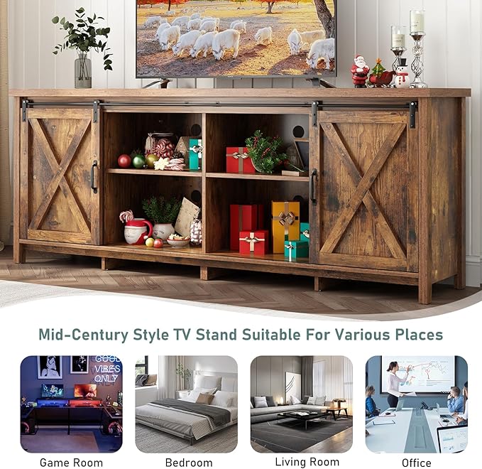 70" Farmhouse TV Stands for 70 75 80inch TV w/Adjustable Shelves, Sliding Barn