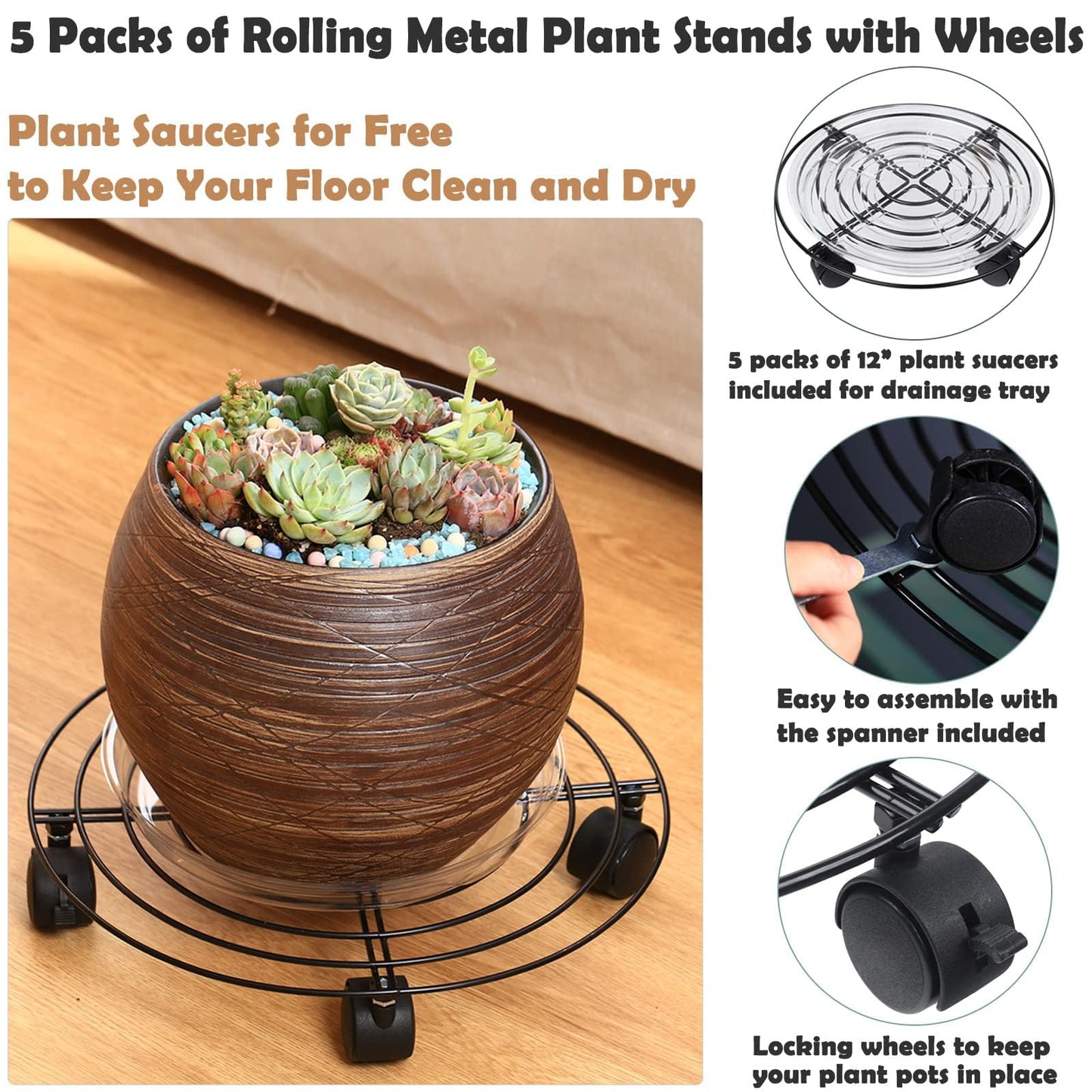 Planterhoma 3 Packs Large Metal Plant Caddy 13 Inches Plant Dolly with Wheels Heavy-duty Iron Rolling Plant Stand with Casters for Indoor Outdoor Flower Pot Mover Rollers Black Wheeled Plant Colaster