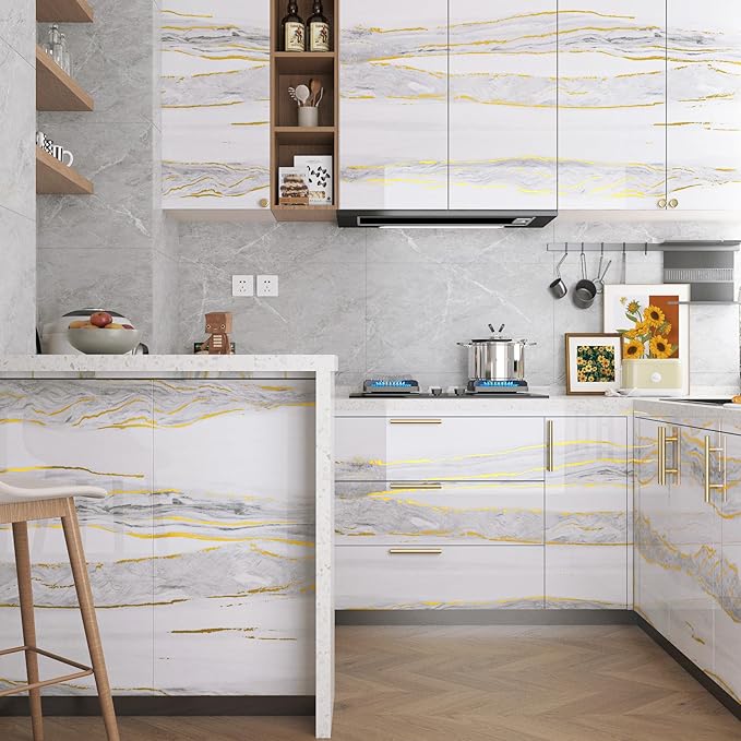 LaCheery Glossy Gold White Marble Contact Paper Waterproof 15.8"x275" Kitchen