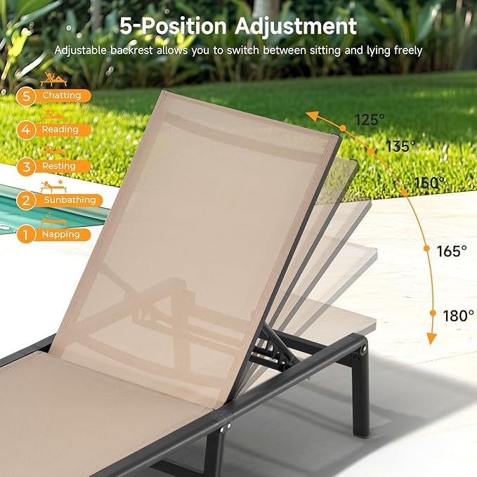 ONBRILL Aluminum Chaise Lounge Chair Outdoor, Foldable & Assembly Free Outdoor