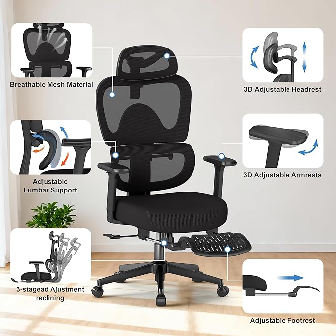 Ergonomic Office Chair with Footrest – Adjustable Lumbar Support, 3D Armrests &