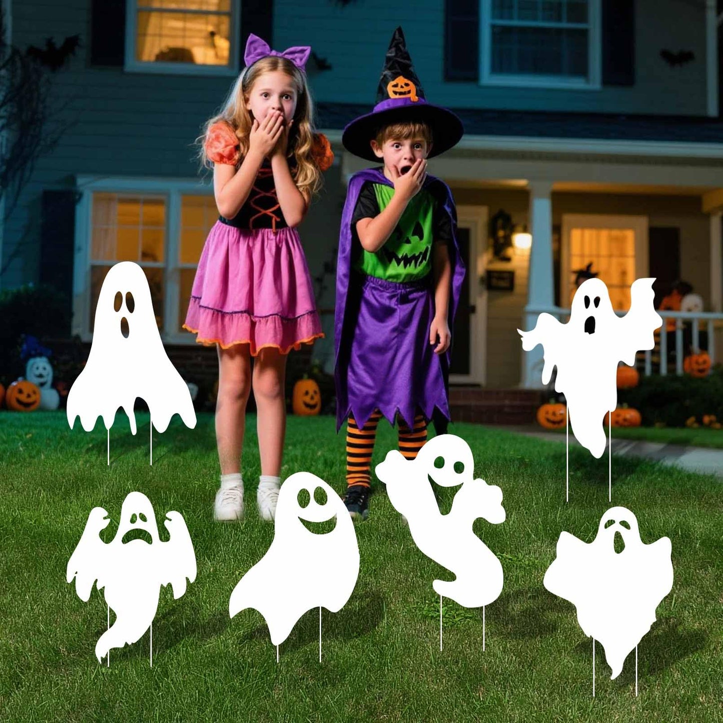 EIGHTSTATES 5pcs Halloween Ghost Yard Signs with Stakes - Black - Plastic & Wood - 12"x15" - Outdoor Garden Lawn Decor - Halloween Party Favor