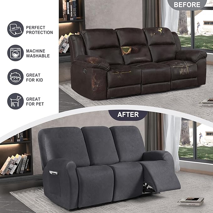 ANARACHON Leather Look Recliner Couch Cover, 8-Pieces Stretch Recliner Sofa
