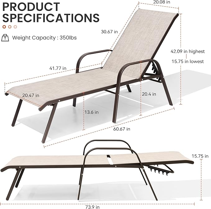 Crestlive Products Outdoor Chaise Lounge Chair, 5-Position Pool Lounge Chairs