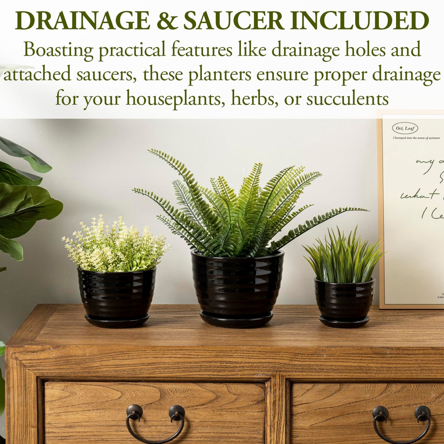 MyGift Black Ceramic Pots for Plants, 6.7+5.6+4.5 inch Flower Pots, Plant Pots Indoor with Drainage Holes and Tray, Garden Planters for Succulent and Flowers, Set of 3