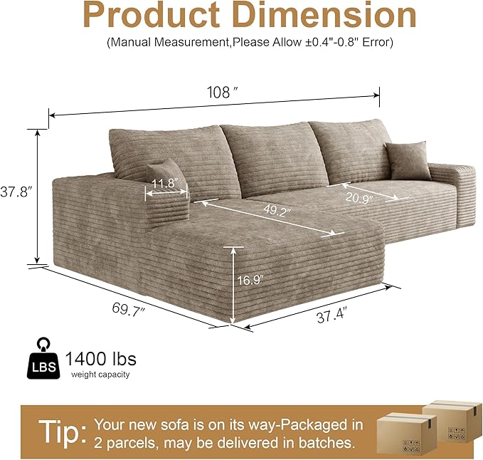108" Sectional Couches for Living Room Cloud Couch Sofa