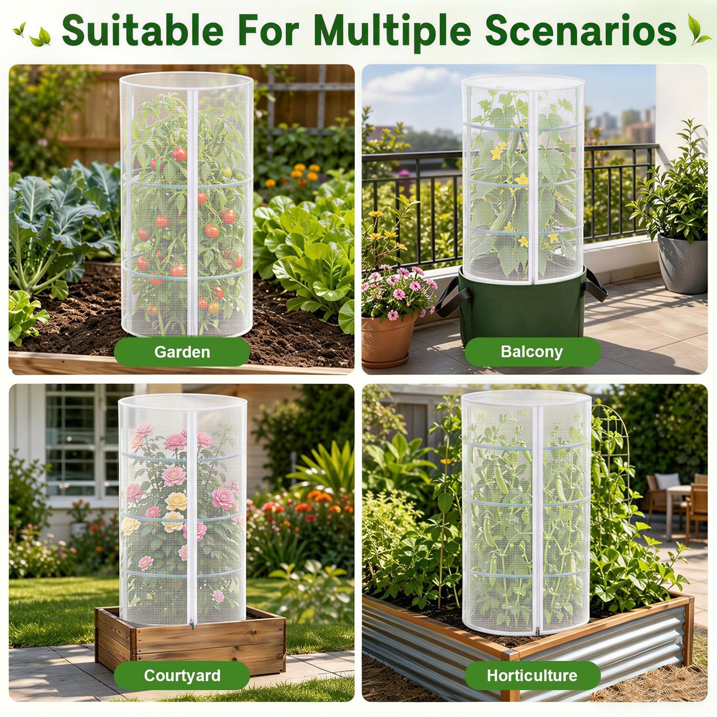 4 Pcs Garden Mesh Plant Cover for Round Tomato Cage, 57" x 15.7" Insect Bird Netting Protection Net Covers with Zipper & Drawstring, Garden Tomato Trellis Netting for Climbing Plants