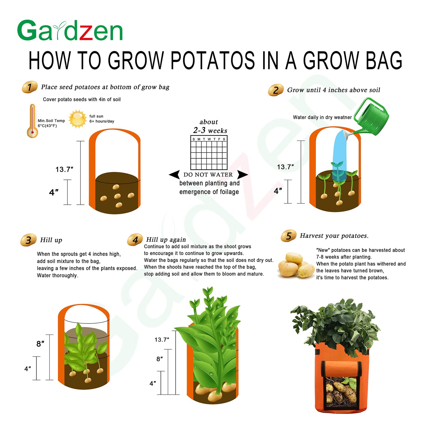 Gardzen 6 Pack BPA-Free 10 Gallon Vegetable Grow Bags with Access Flap and Handles, Suitable for Planting Potato, Taro, Beets, Carrots, Onions, Peanut