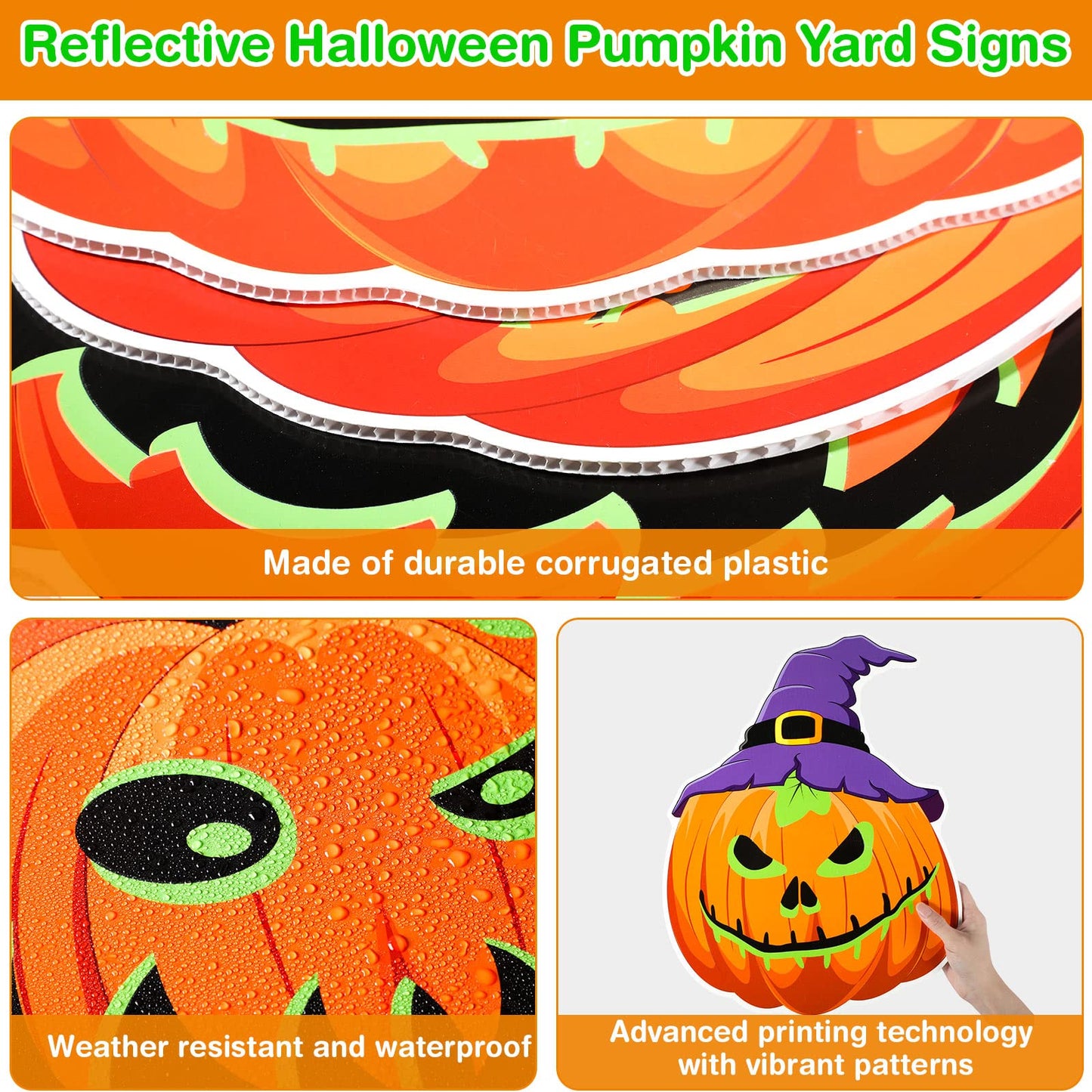 Soaoo 6 Pack 16 Inch Halloween Decoration Outdoor Fluorescence Halloween Pumpkin Yard Signs with Stakes Spooky Faces and Witch's Hat Lawn Signs Scary Front Yard Decor for Holiday Party Decor