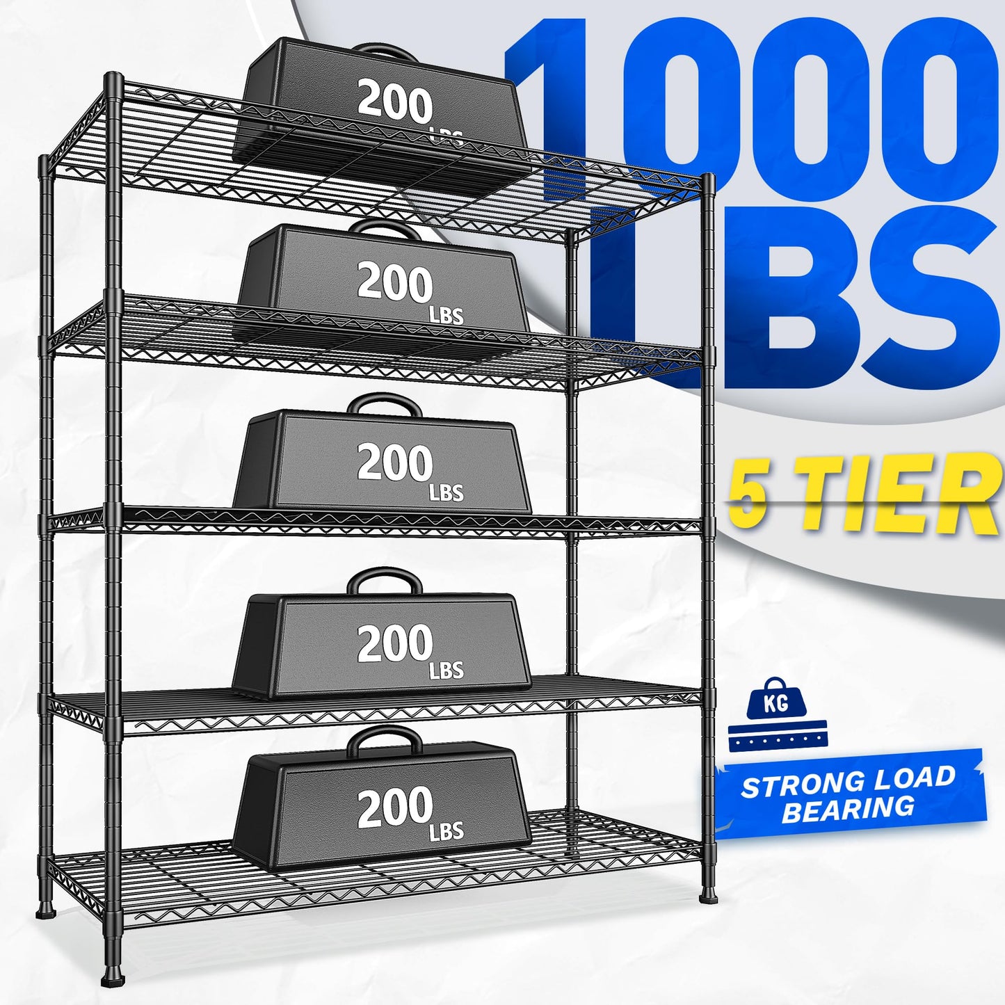 45 "W Storage Shelves 5 Tier Wire Shelving Unit Adjustable Metal Shelving Wire Shelf Pantry Shelves Wire Commercial Rack for Closet Kitchen Pantry Utility Room Garage 45" Wx 13.5" Dx70.5 H Black