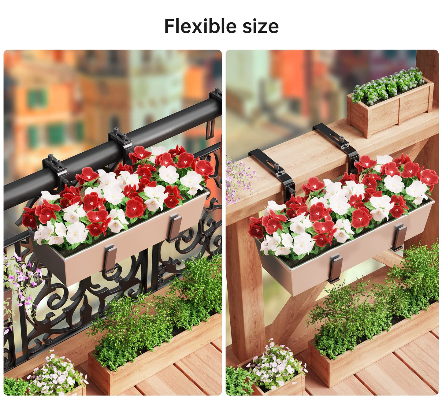 Y&M 6 PCS Adjustable Window Box Brackets for Planter Box, Heavy Duty Wall Mounted Hooks Hangers for Flower Baskets Holder Durable, Hanging Brackets for Fence Patio Garden Balcony