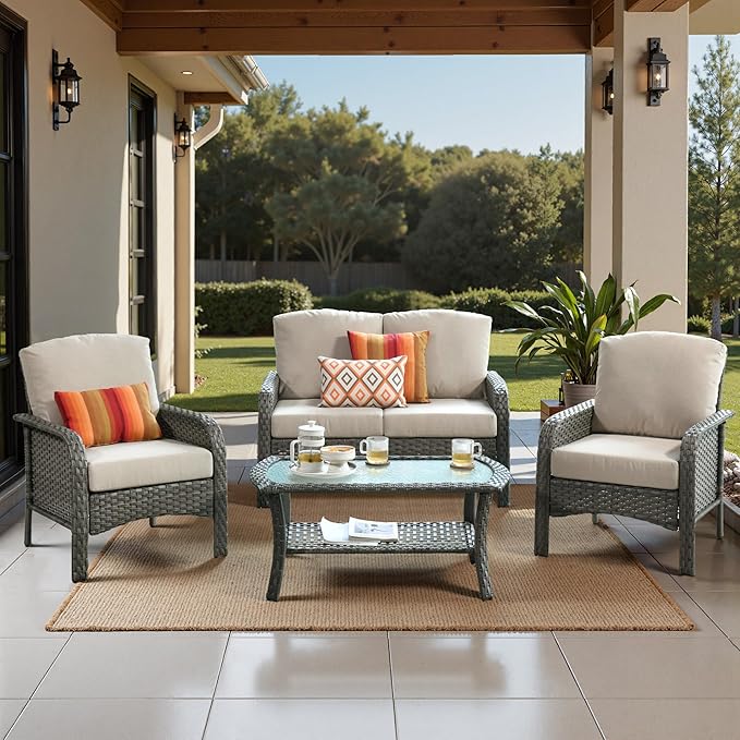 Weaxty Wicker Patio Furniture Set High Back Loveseat Sofa Couch Armchair Coffee