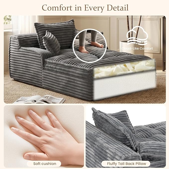 Boneless Chaise Lounge Couch Indoor, Oversized Corduroy Upholstered Sofa Bed