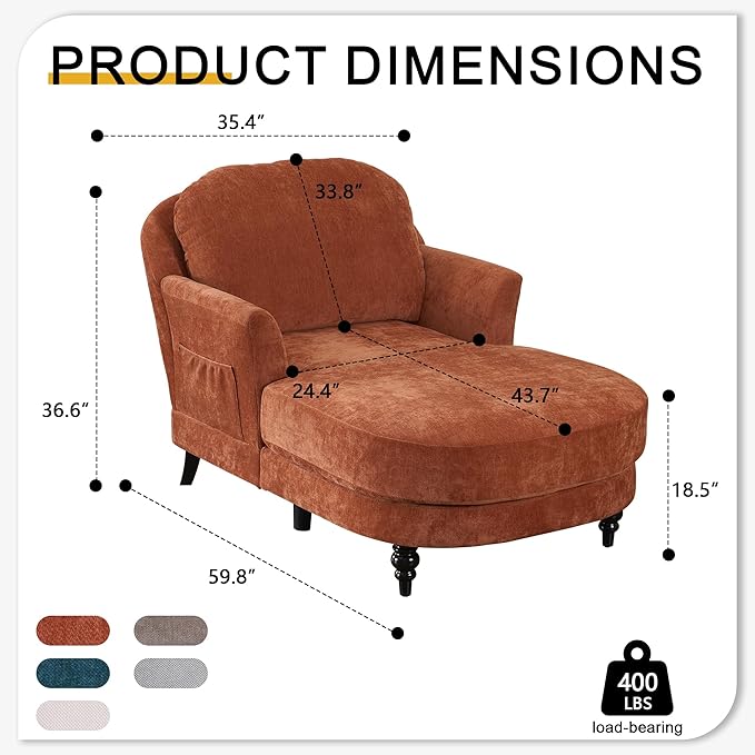 Chaise Lounge Chair Indoor, 59.8"Oversized Couch Reading Chairs, Chenille