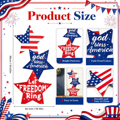 LawnIdyll 4th of July Large Wooden Star Porch Sign, Independence Day Standing Decoration God Bless America Star Shape Sign for Patriotic 250 Anniversary Red White Blue Outdoor Indoor Yard Front Door