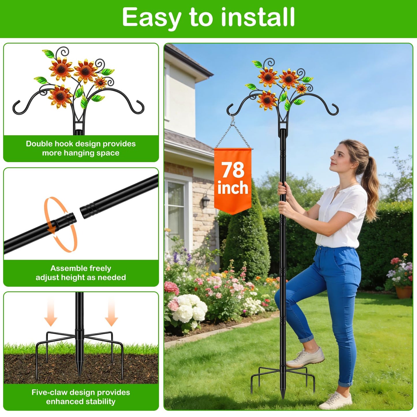 Double Shepherds Hooks for Outdoor, 2 Pack 78 Inch Bird Feeder Pole with 5 Prongs Base, Adjustable Heavy Duty Plant Hangers Sunflower Art for Outdoor Plants Hummingbird Feeder Hanging Basket Lantern