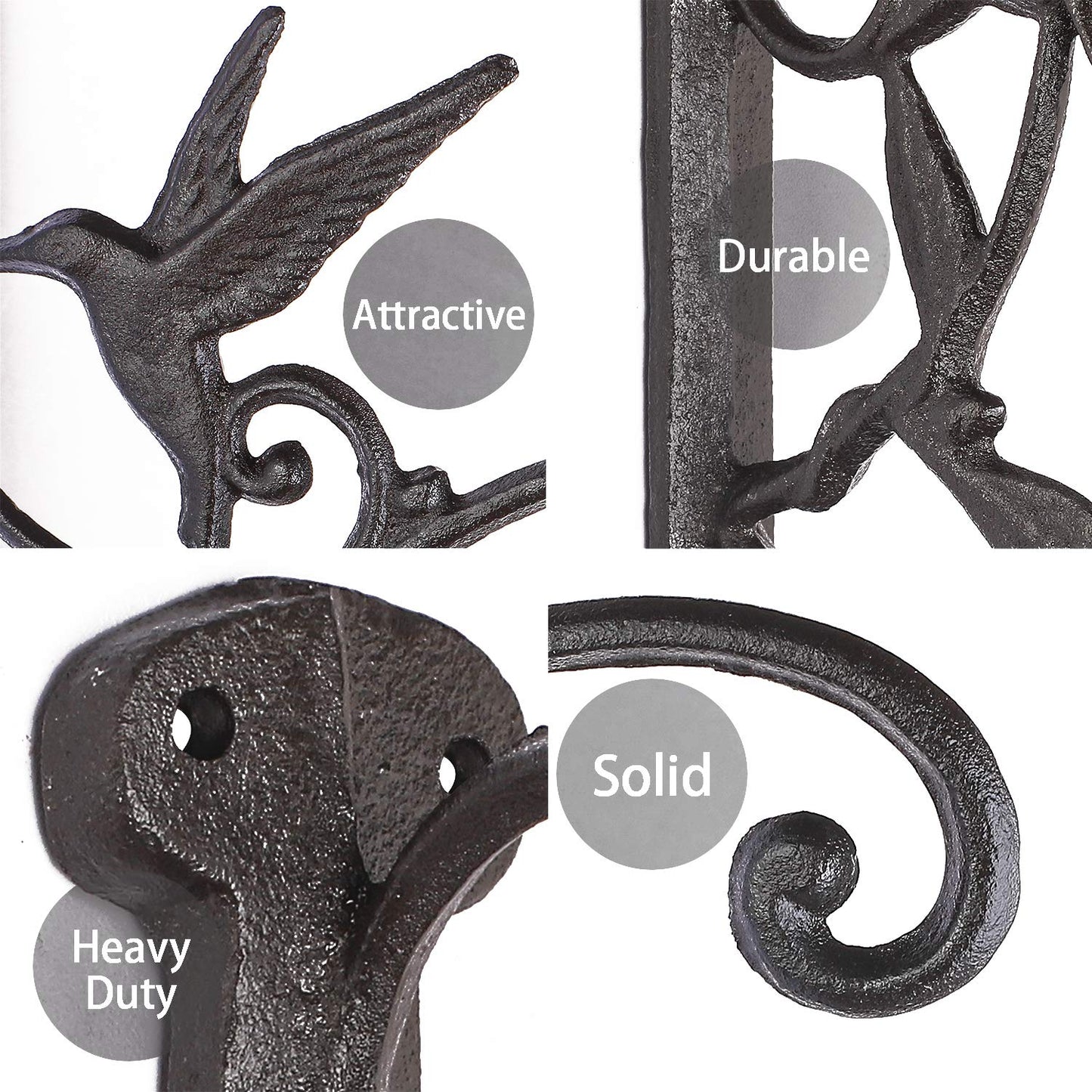 Livfodrm 2PCS Plant Hangers Outdoor Plant Hooks for Wall/Fence, Hummingbird Hanging Plant Bracket Heavy Duty Cast Iron Plant Hanger for Lantern/Bird Feeder, Drak Brown
