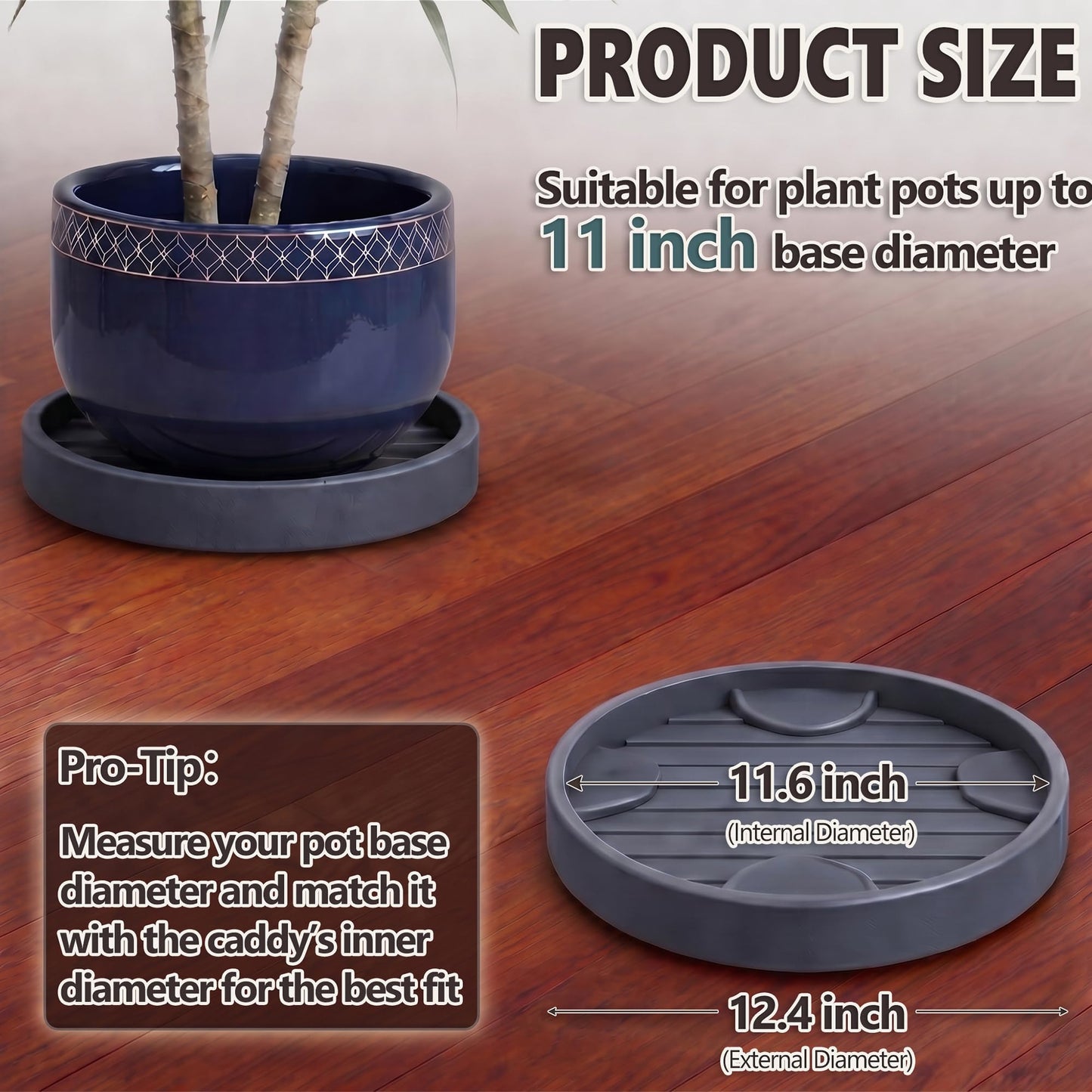 Dcpes 12Inch Plant Caddy with Hidden Wheels, Rolling Plants Stand with Wheel, 4 Invisible Casters, Indoor Plant Saucers on Wheels, Heavy Duty Wheeled Plant Dolly, Planter Roller Base, Gray, 2Pack
