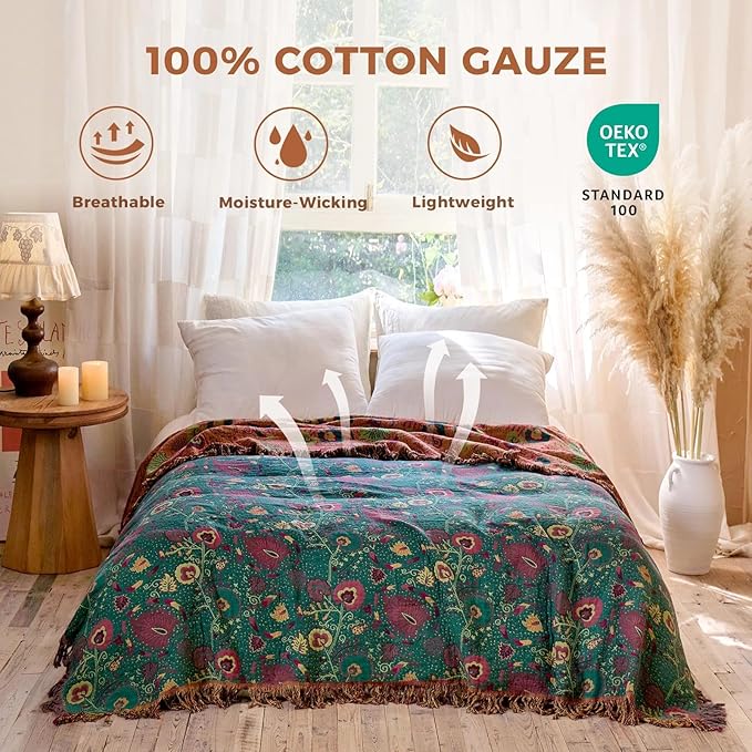 LUTBM Boho Throw Blanket for Bed 100% Cotton Soft Lightweight Quilt Home Decor