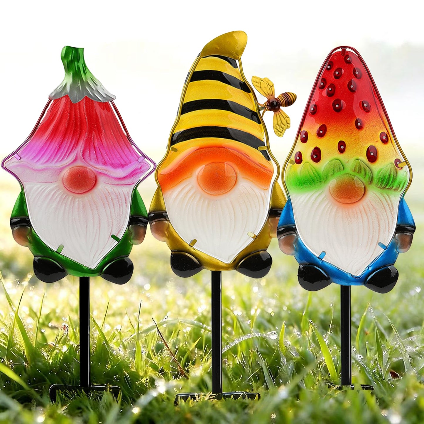 LEGIFO Garden Decor Gnomes Stakes Set of 3, Metal & Glass 18.3″, Outdoor Gnome Stake for Backyard Lawn Decor, Funny Yard Art Decorations for Mom Grandma Women Mother’s Day