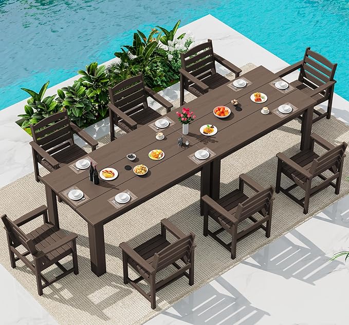 SERWALL HDPE Dining Set for 8: 2 Umbrella Hole Tables + 8 Chairs. Includes 8