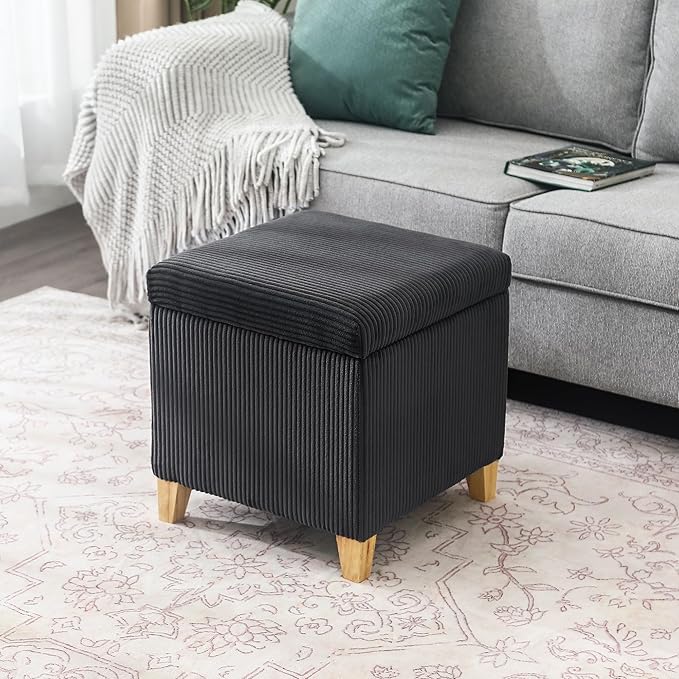 Adeco Faux Fur Storage Ottoman Cube, Upholstered Small Bench