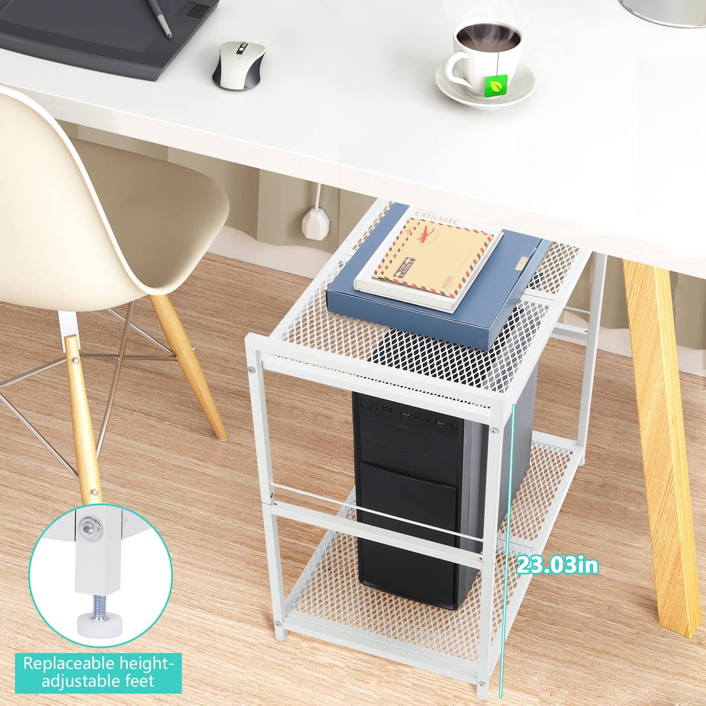 YBING Computer Tower Stand White PC Tower Stand 2 Tier CPU Holder with Wheels Metal Mobile Computer Tower Cart Rolling PC Cart Floor for Fax Home Office