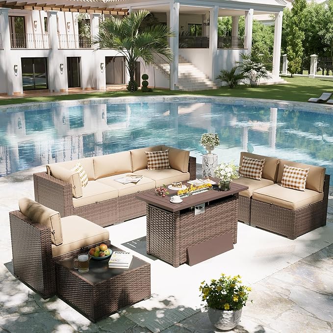 Aoxun Patio Furniture Set with Fire Pit Table, 8 Piece Outdoor Sectional Sofas