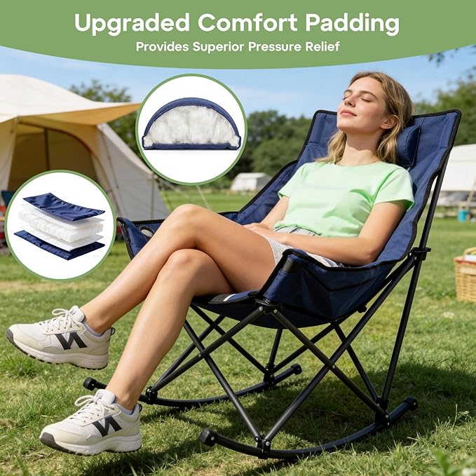 Suteck Oversized Rocking Camping Chair, Thick Padded Folding Rocking Chair