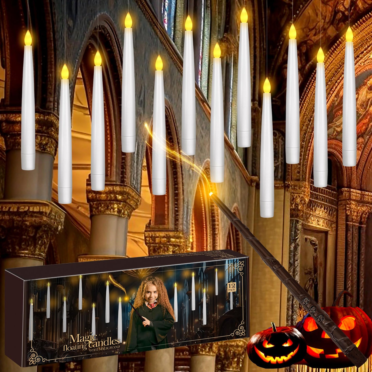 pmgro 12pcs Flameless Taper Candles with Remote, Dimmer, 3D Battery Operated Window Taper Candle with Flickering Light, 6.3IN Floating Hanging Candles with Wand, Christmas Decor for Home Wedding