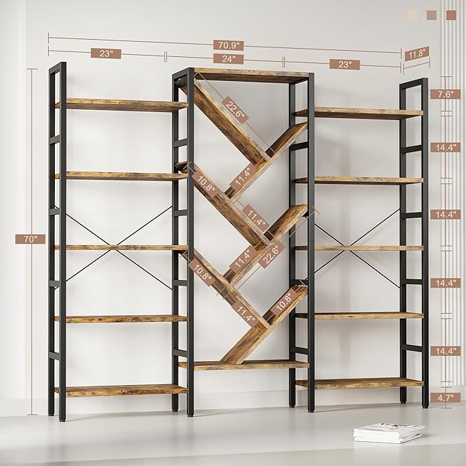 INNOD 70x70 Triple 5 Tier Book Shelf, Large Wooden Bookcase