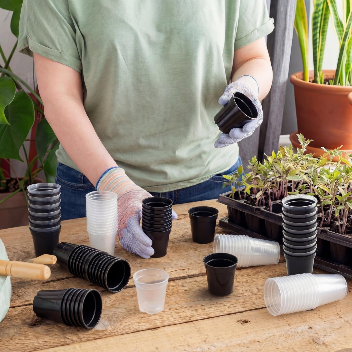 Sliner 200 Pcs 2 Inch Plastic Nursery Pot Mini Seedling Planter Flower Planting Pots Plastic Planters with Drainage Holes for Outdoor Indoor Flower, Starting Seedlings, Black, Clear