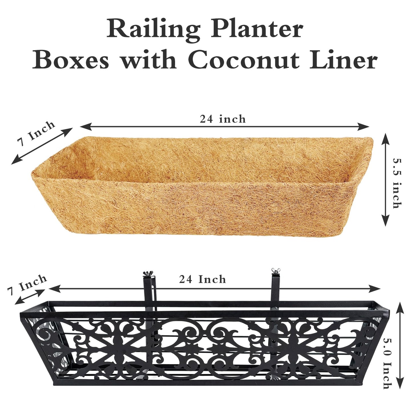 Karlliu 2 Pack 24 Inch Window Boxes Planters Railing Planter Box with Adjustable Brackets & Coco Liners Fabric Plant Grow Bags Deck Railing Planter Boxes Balcony Hanging Flower Box for Outdoor Plants
