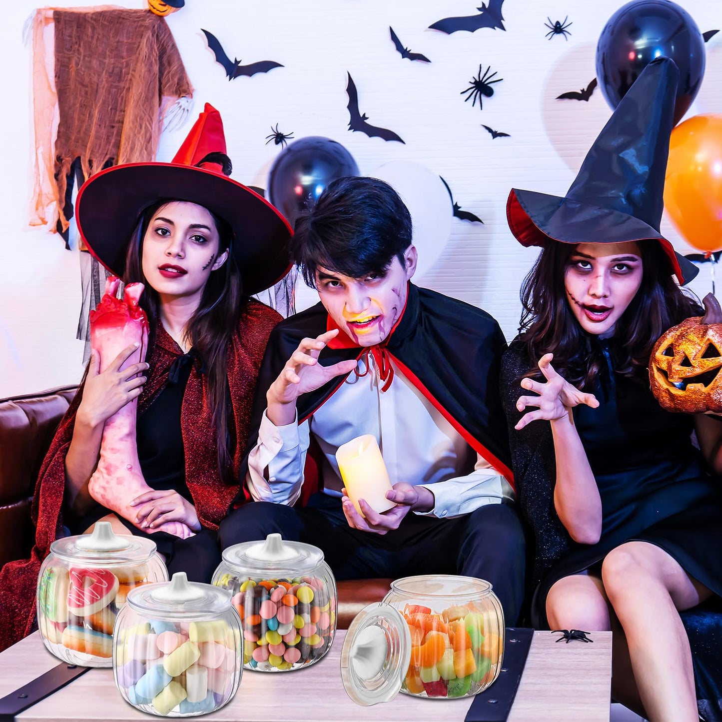 Mimorou 4 Pcs 42oz Halloween Pumpkin Jar with Lid Plastic Cookie Candy Jars with Airtight Lid Clear Pumpkin Shaped Snack Fruit Bowl for Halloween Fall Thanksgiving Home Indoor Party Decoration