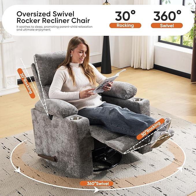 Swivel Rocker Recliner with Adjustable Armrests, Rocking Nursery Chair with