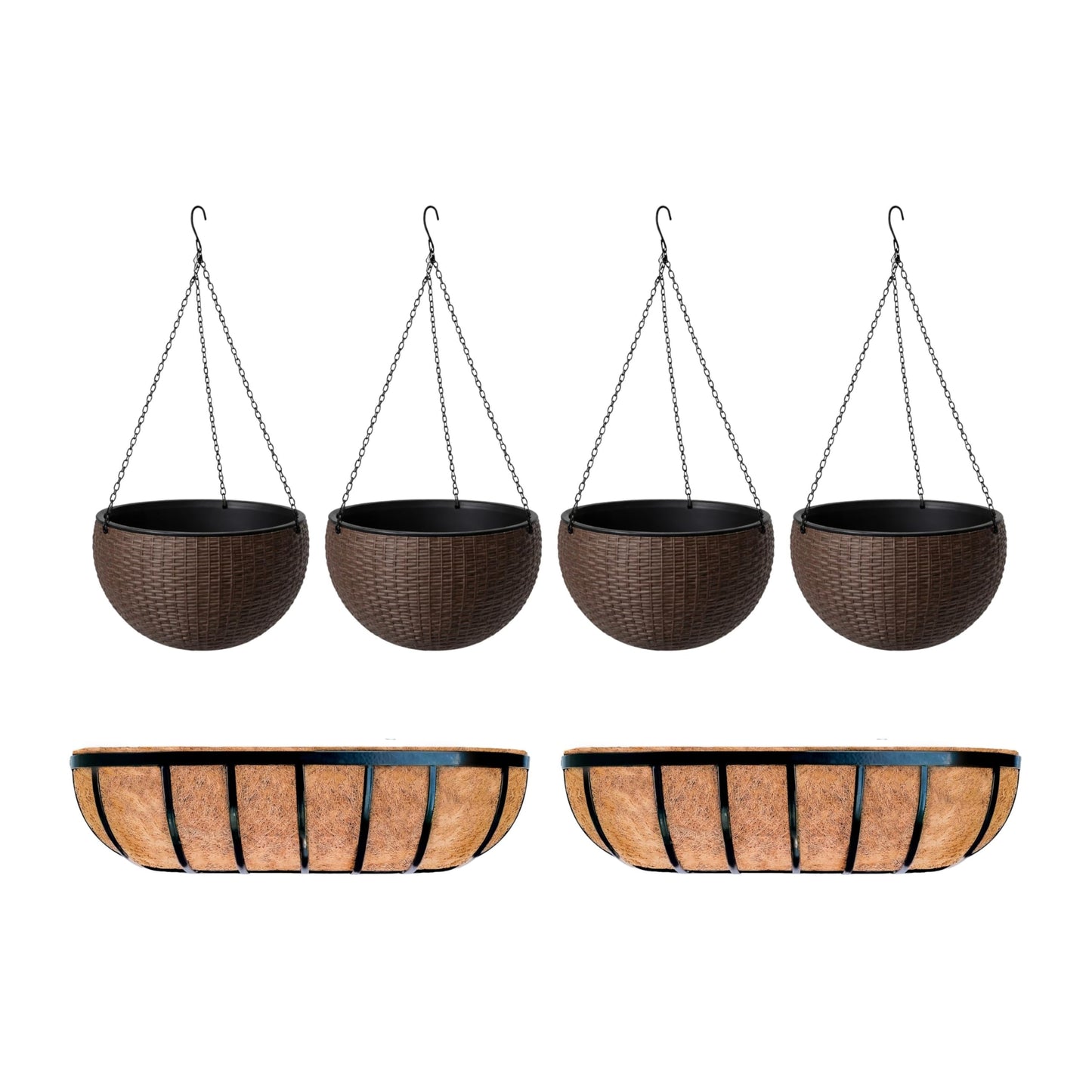 LaLaGreen Bundle- 4 Pack, 11 Inch Self Watering Hanging Basket + 2 Pack, 24 Inch Metal Basket with Coco Liner Wall Mount Fence Rail Planter Round Plastic Flower Pots Balcony Porch Patio Outdoor Garden