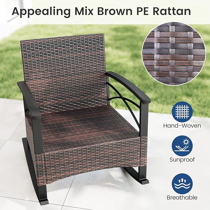 Tangkula 3 Piece Rattan Rocking Chair Set, Patio Rocker Bistro Set w/Acacia