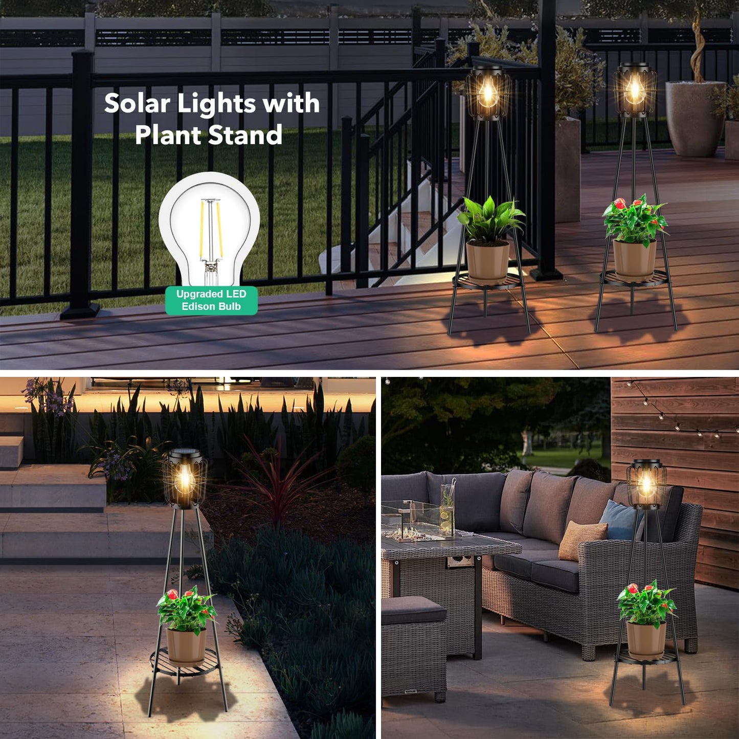 MXwcy Solar Lights Outdoor with LED Edison Bulbs, Solar Floor Lamp with Plant Stands for Garden Yard Pathway Driveway Front/Back Porch Decoration