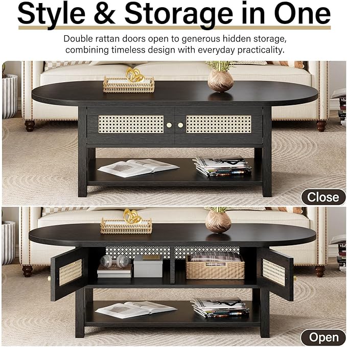 LVB Rattan Coffee Table, Boho Wood Living Room Table