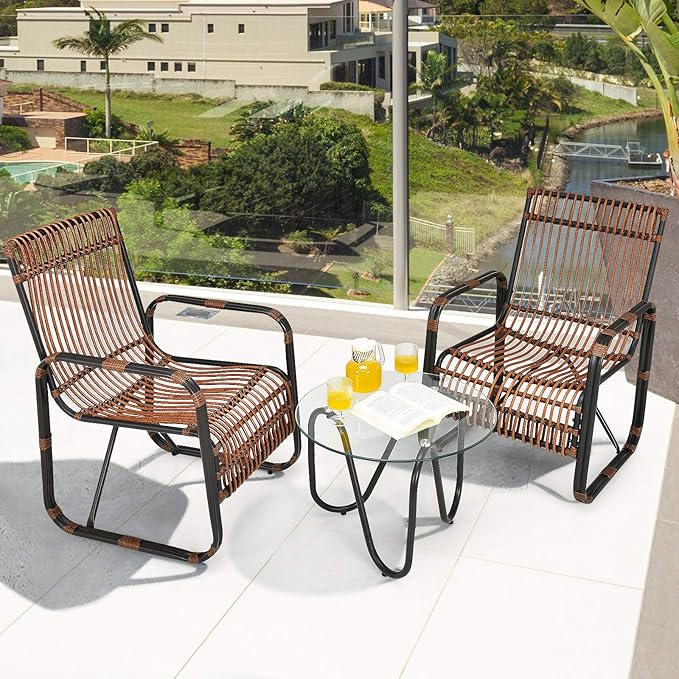 Tangkula 3 Piece Patio Rattan Furniture Set, Includes 2 Single Wicker Chairs