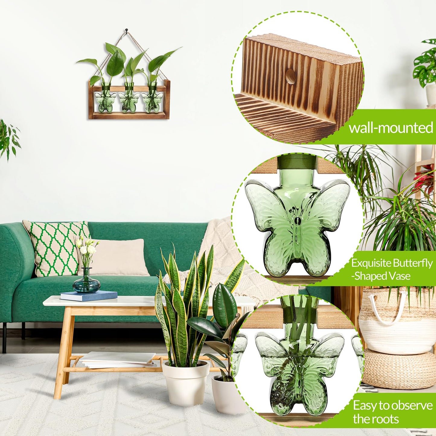 Glass Plant Propagation Station Butterfly Planter Vase with Wooden Stand Birthday Gifts for Women Mom Plant Lovers Office Home Decoration