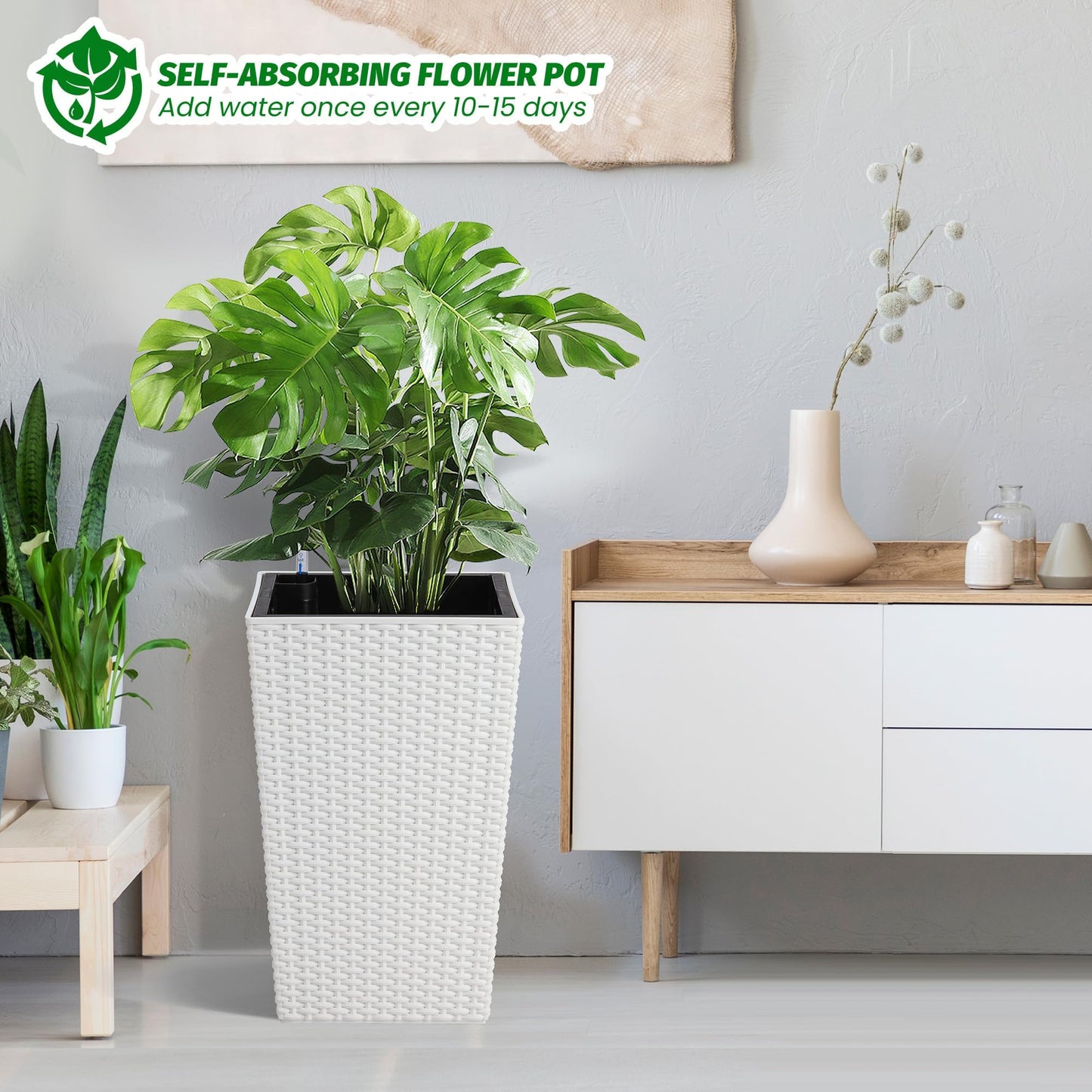 Tall Planters Set of 2, with Large Outdoor & Indoor Pots with Drainage Holes, Water Level Gauge, Inner Insert, Trays & Wheels, Auto-Watering Front Porch Planters for Terrace, Home, Office,White