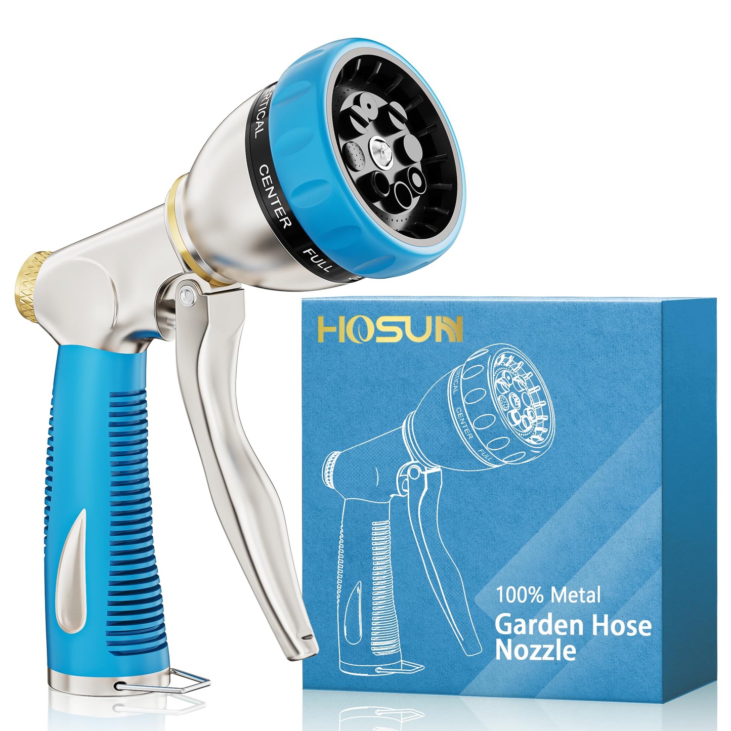 HOSUN Garden Hose Nozzle Sprayer Heavy Duty, 100% Metal Water Hose Nozzle with 8 Spray Patterns, High Pressure Hose Spray Nozzle with Non-Slip Grip for Watering Plant & Lawn, Washing Car & Pet, Blue