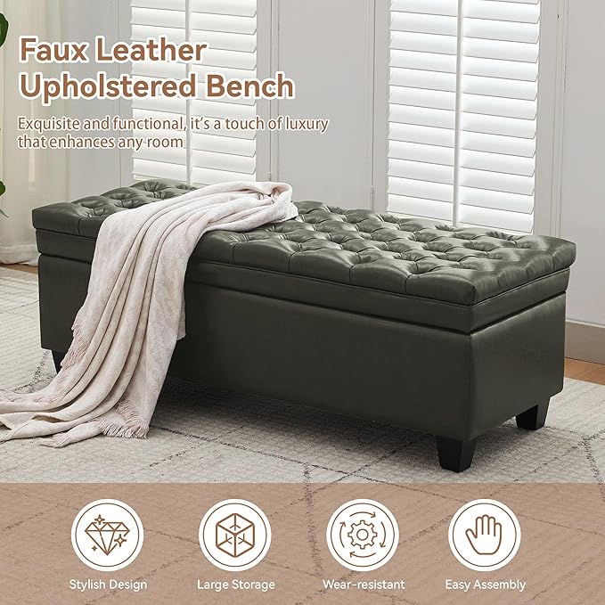 WUTUTUEE 50" Faux Leather Storage Ottoman Bench, End of Bed Upholstered