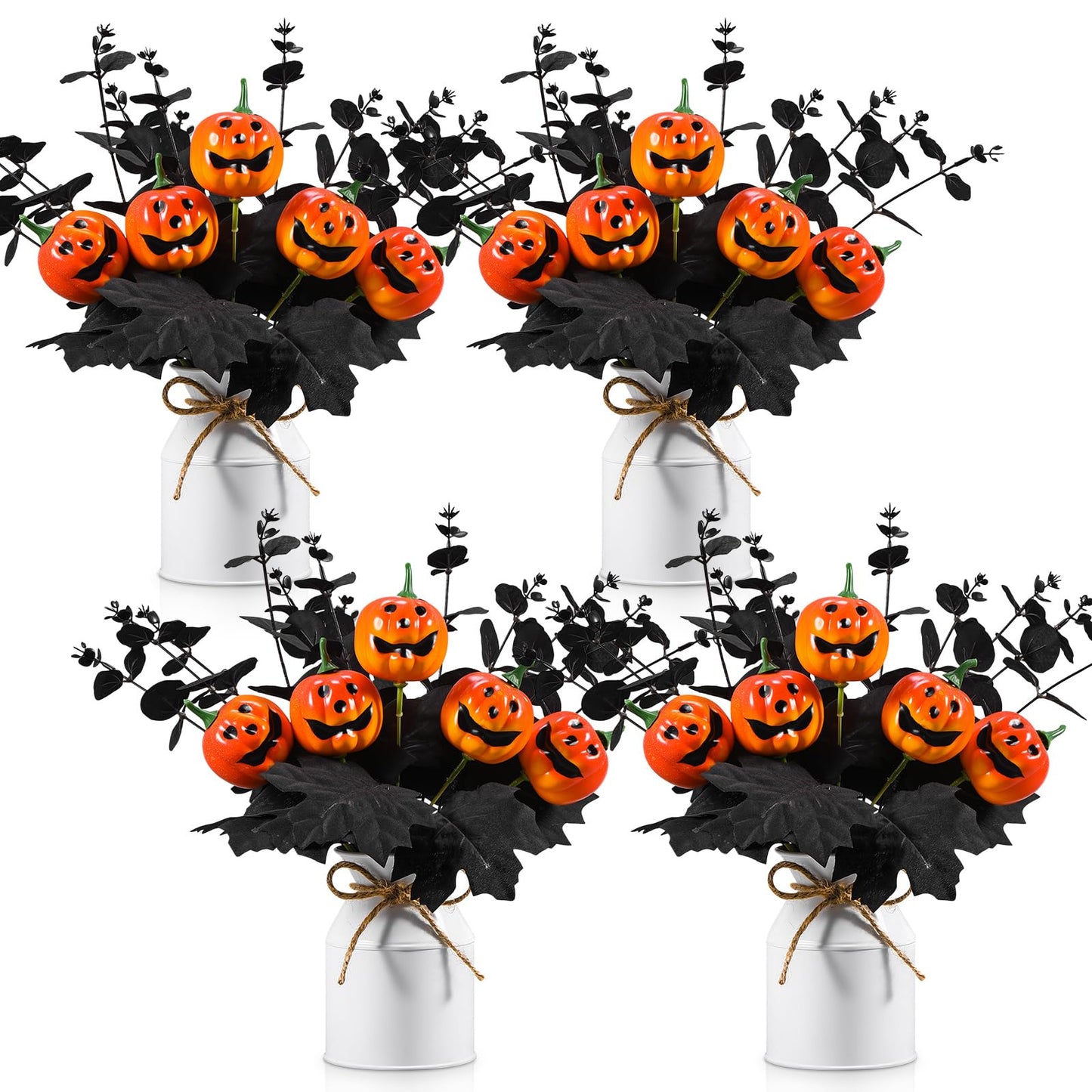 Thiccywoov 4 Sets Halloween Table Centerpiece Decorations Artificial Black Pumpkins Eucalyptus with Metal Vase Faux Pumpkins Plants in Pots for Halloween Trick or Treat Party Home Dining Table Decor