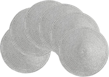 SHACOS Silver Glitter Round Placemats Set of 6 Sparkle Bling Place Mats Glitz Table Mats for Holiday Home Party Wedding Festive Table Decoration (6, Silver)